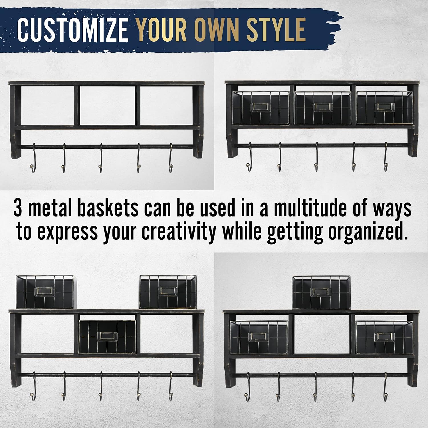 HBCY Creations Wall Mounted Shelf with Coat Hooks and Baskets, Solid Wood Entryway Organizer Wall Shelf with Hooks