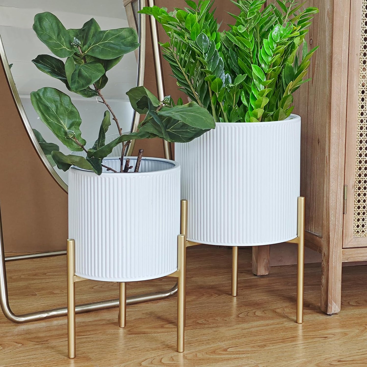 ARNIS Modern Planter Pots, Set of 2 Round Large Planters with Stand, Decorative Floor Planters, Metal Pots with