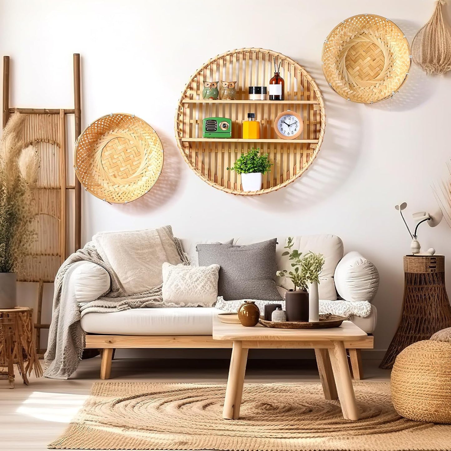 Wicker Baskets and Small Fake Plants Round / Set of 4