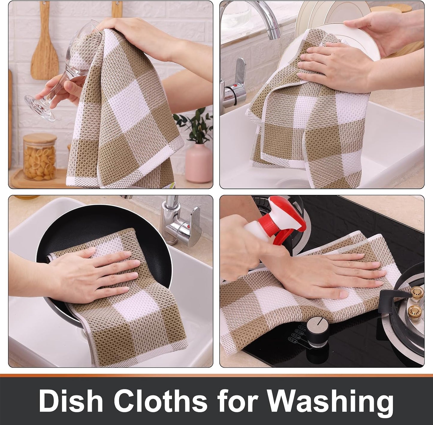 Mordimy Cotton Waffle Kitchen Towels, 13"x 28", 8 Pack, Khaki & White | Super Soft and Absorbent Buffalo Check, Durable