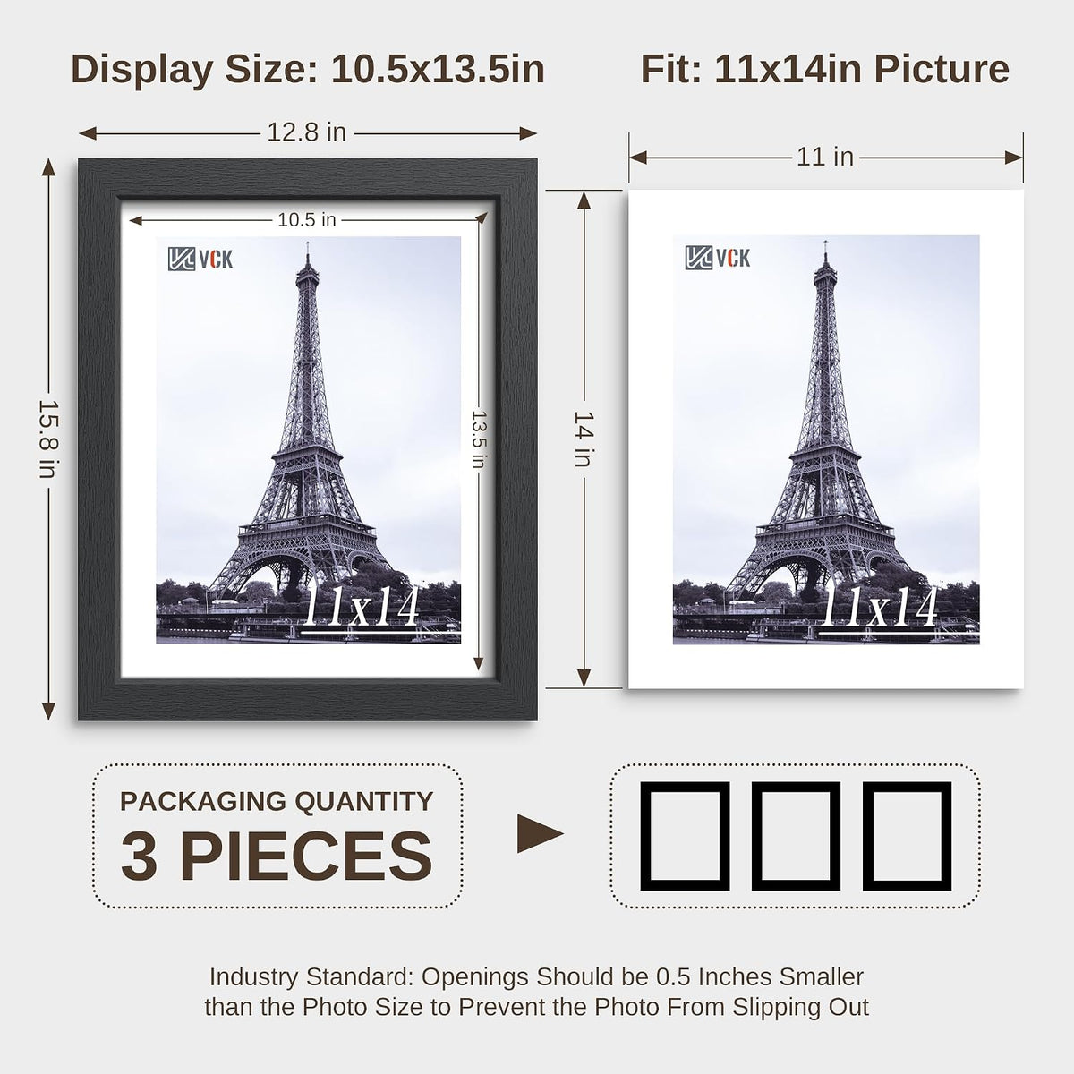 VCK 11x14 Picture Frames - Black High-End Wood Wide Border Poster Frame, Multi-Directional Display Family Photos