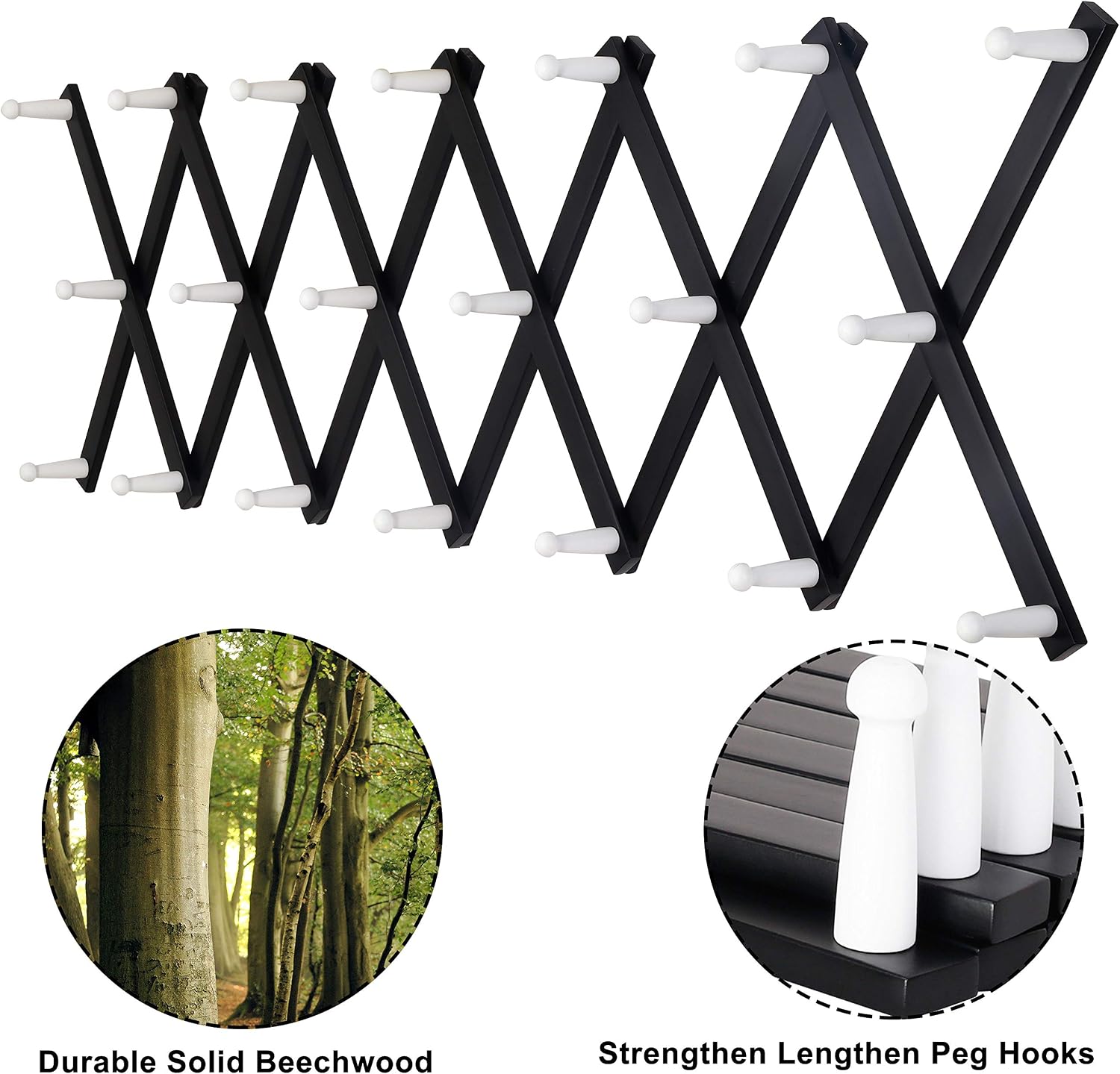 Accordian Wall Hanger: 16” High Wooden Wall Expandable Coat Rack, Hat Rack Holder, Accordion Hook for Baseball Caps