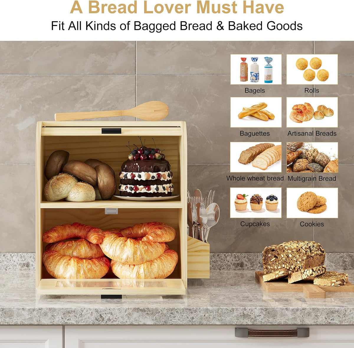 TQVAI Roll Top Bread Box for Kitchen Countertop, Keep Fresh Longer, Easy to Maintenance, Double Layer Vintage Wooden