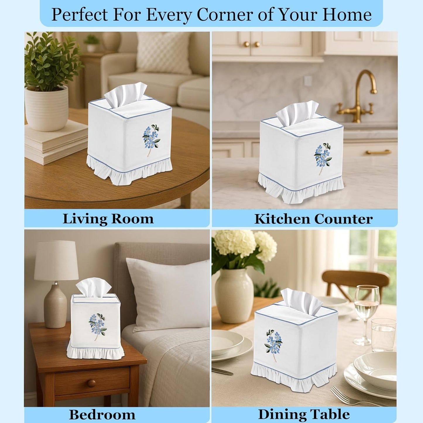 Embroidered White Cotton Tissue Box Cover / Blue Floral