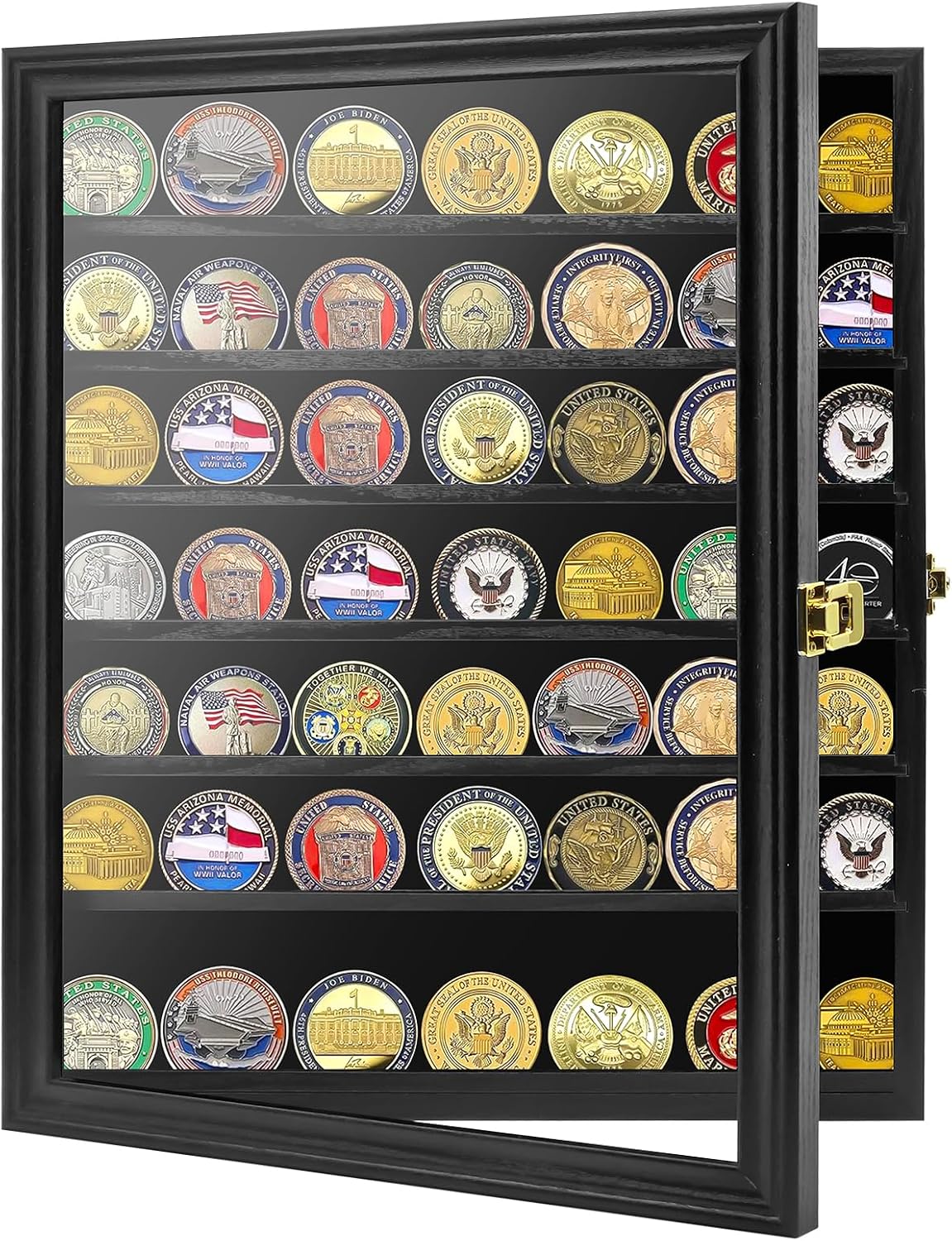Challenge Coin Display Case, 7 Rows Lockable Military Coin Display Cabinet with UV Acrylic Door, Removable Shelves &