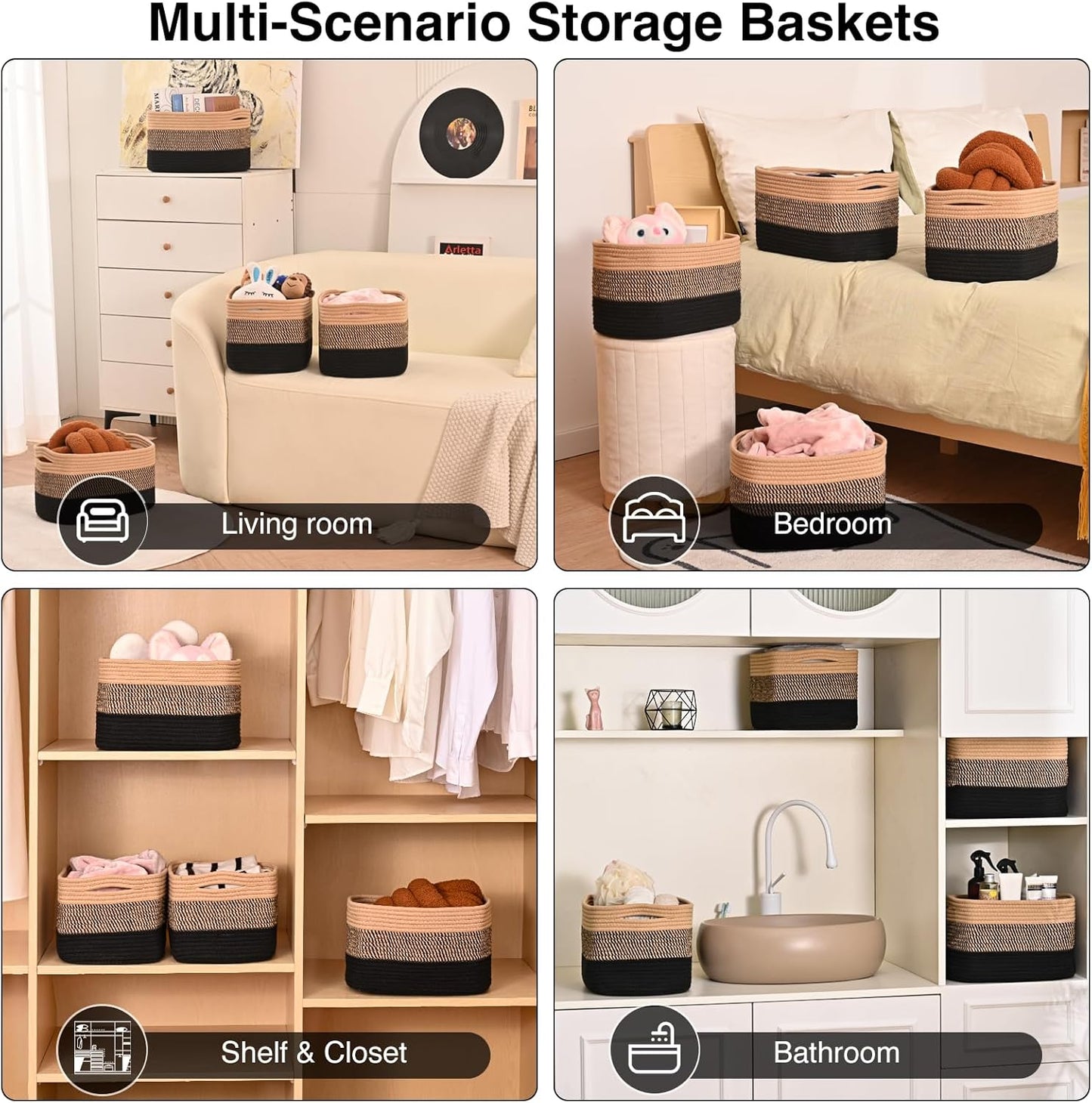 Woven Cotton Rope Baskets for Storage / Gradient Black & Jute