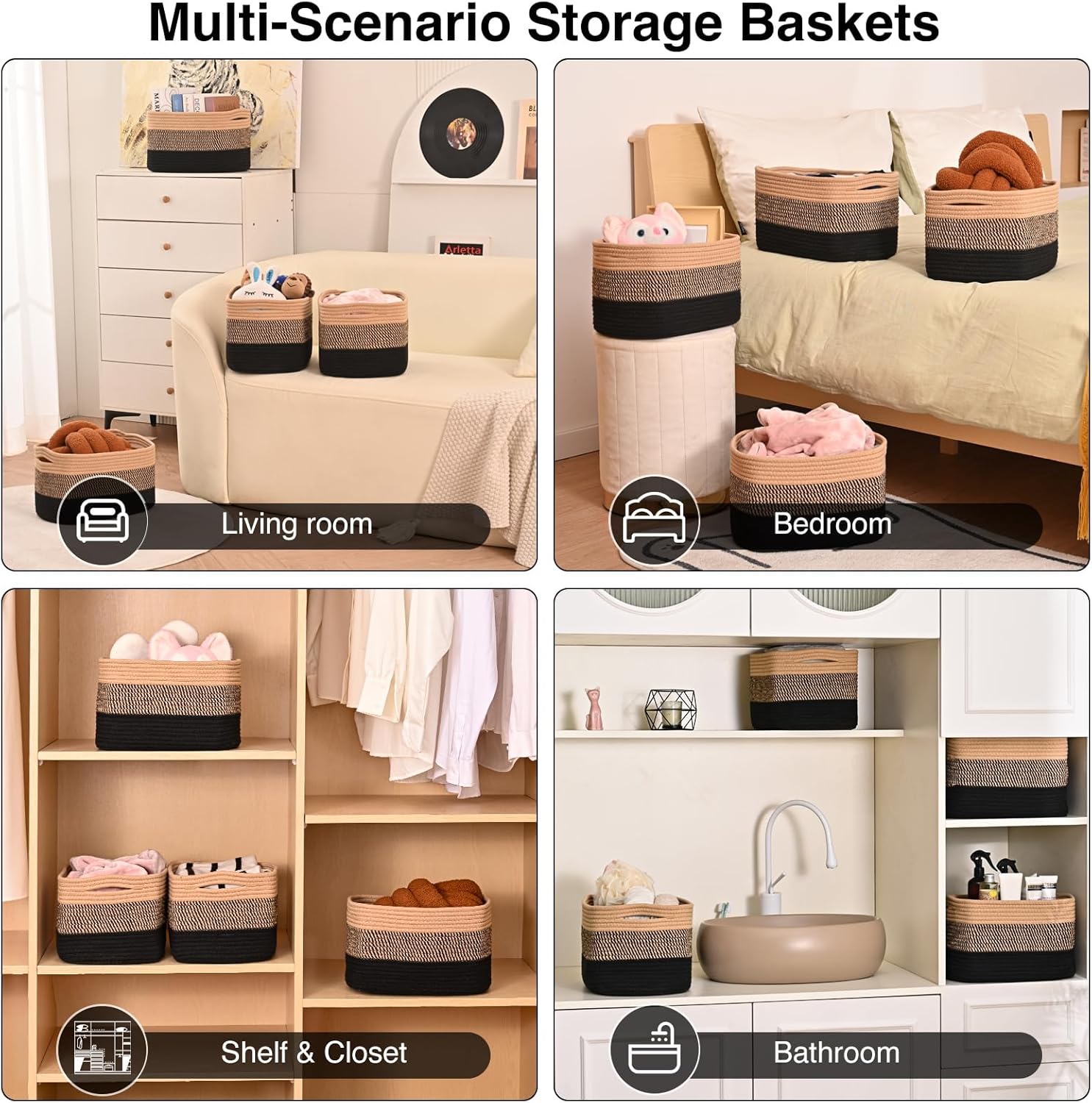Woven Cotton Rope Baskets for Storage / Gradient Black & Jute