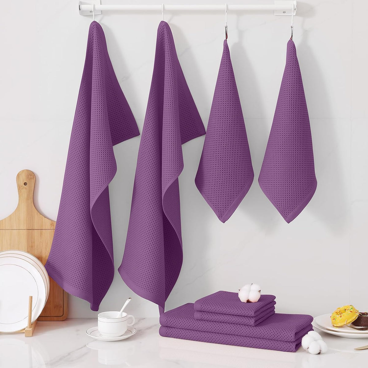 Homaxy 8 Pack 100% Cotton Kitchen Towels and Dishcloths Set, Purple | 12 x 12 Inches and 13 x 28 Inches Kitchen Towels