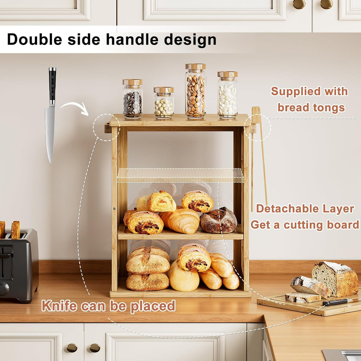WOWLIVE Bread Box for Kitchen Countertop, 3 Layers Bread Storage Container | Large Bamboo Bread Bin for Homemade Bread
