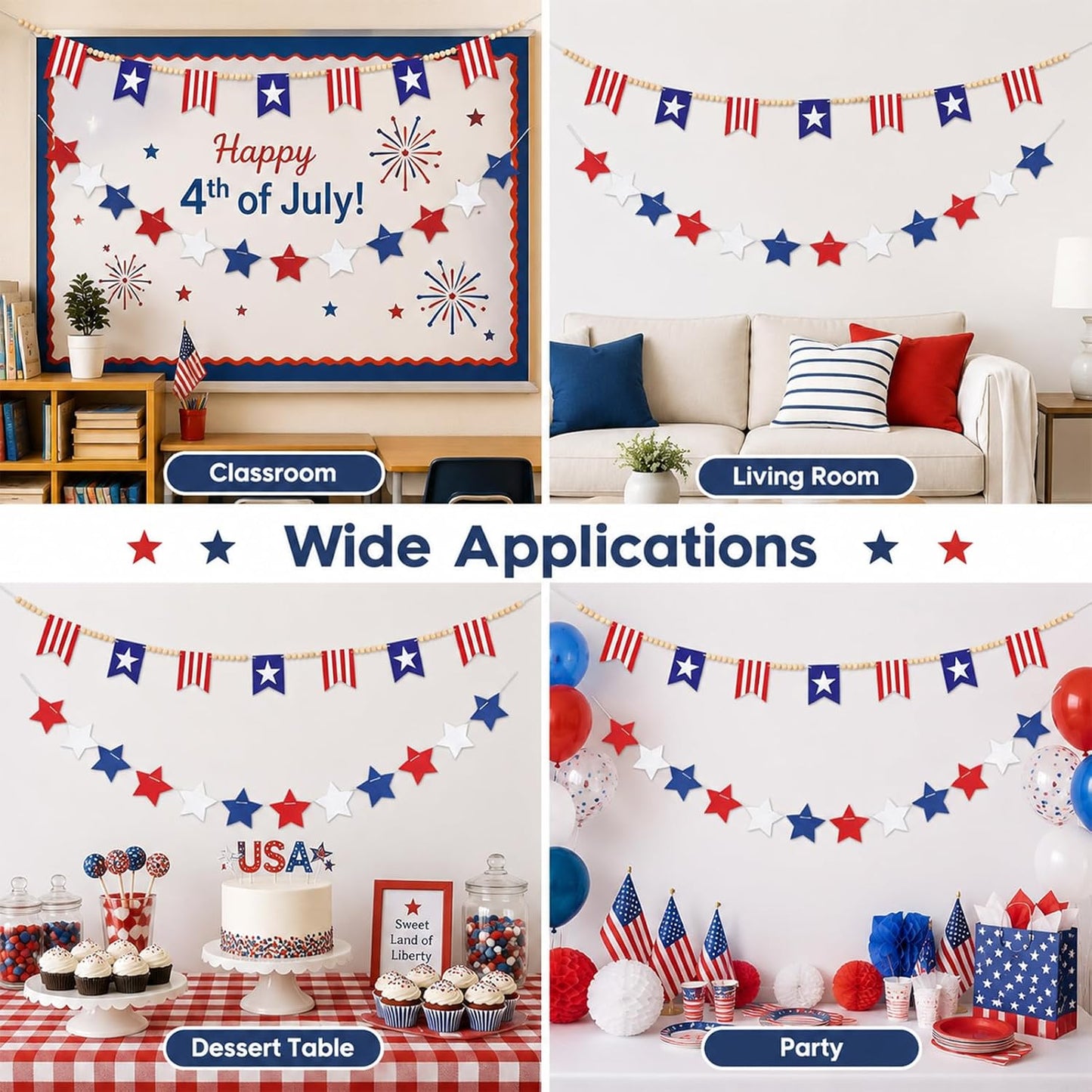 4th of July Wood Bead Garland Banner 250th Anniversary Patriotic Decorations American Flag / Red