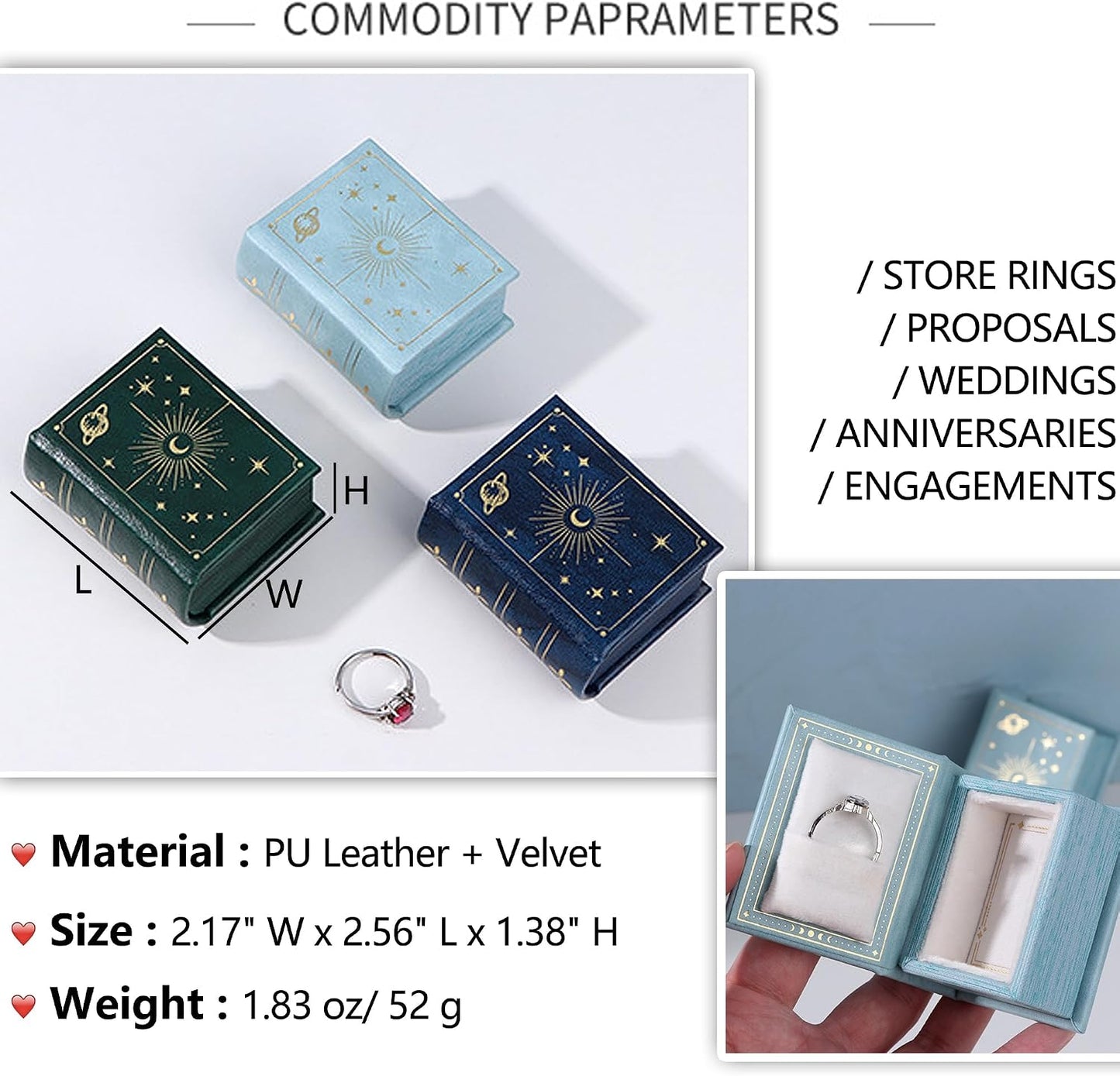 Vintage Magic Book-Shaped Ring Box Starry Sky Pattern PU Leather / Sky Blue