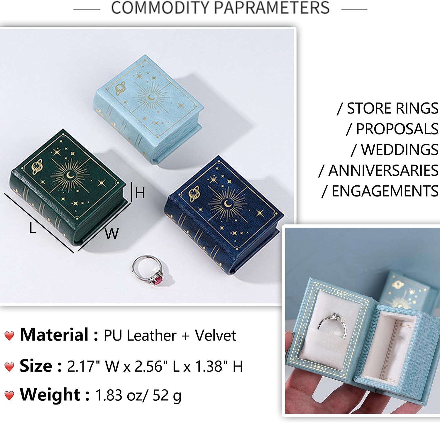 Vintage Magic Book-Shaped Ring Box Starry Sky Pattern PU Leather / Sky Blue