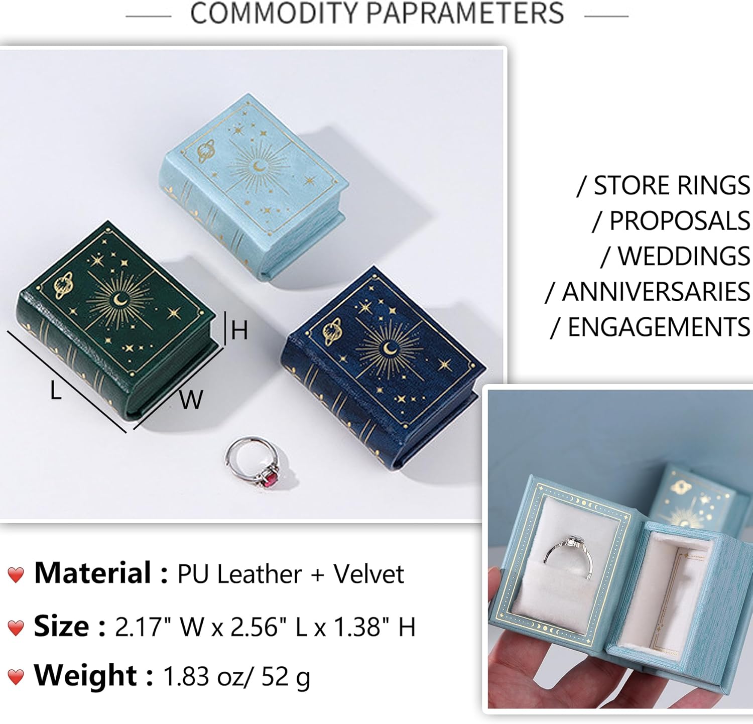 Vintage Magic Book-Shaped Ring Box Starry Sky Pattern PU Leather / Green