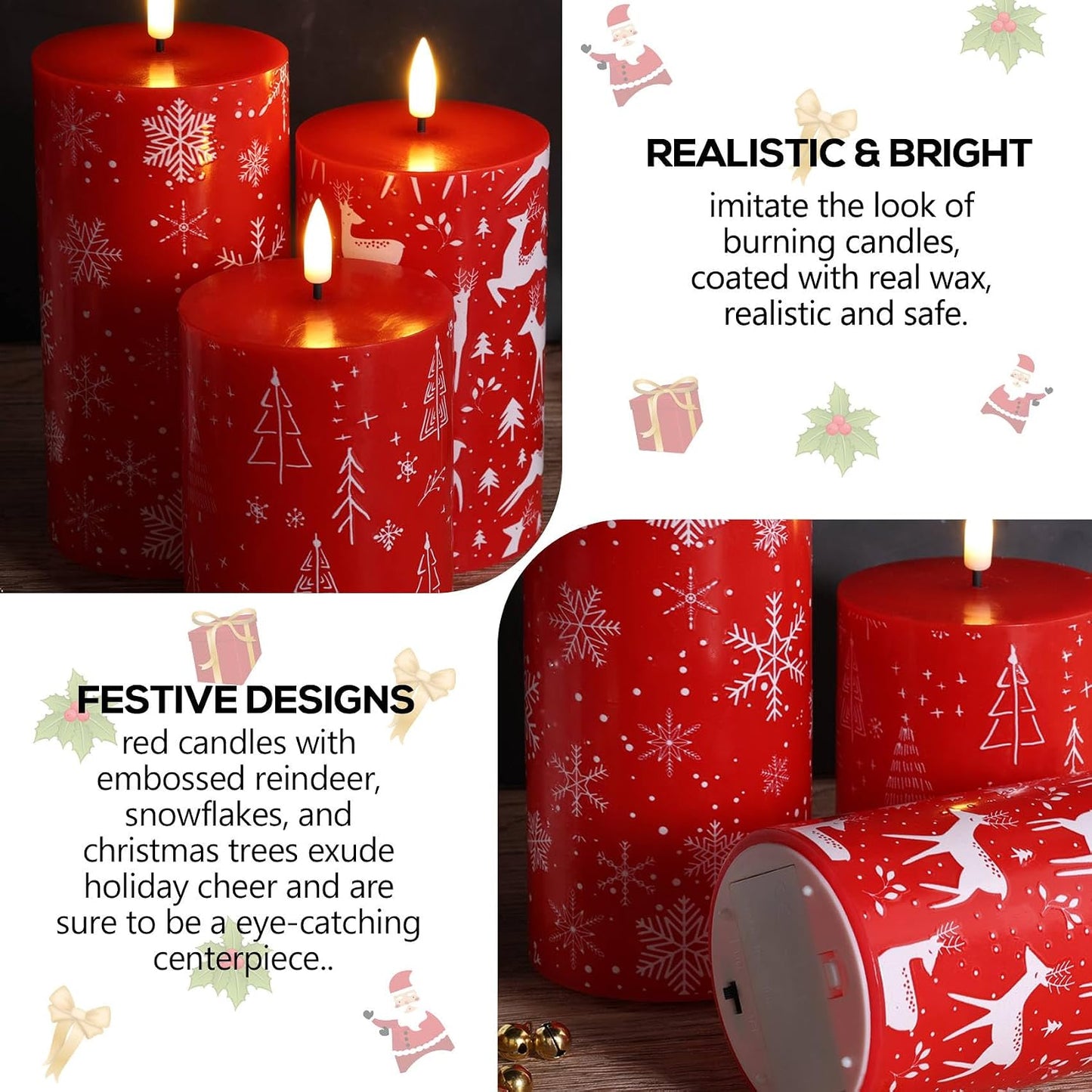 Red Deer Snowflakes Christmas Tree LED Pillar Candles with Remote Set of 3 | Flickering Flameless Wax Candles, Flat