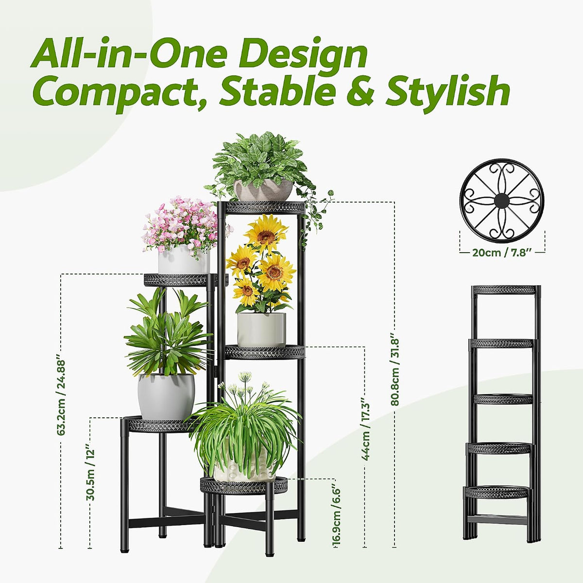 5 Tiered Tall Plant Stand Indoor Outdoor, Metral Plant Shelf for Corner Display Rack, Multi-Tier Folding Planter Pot