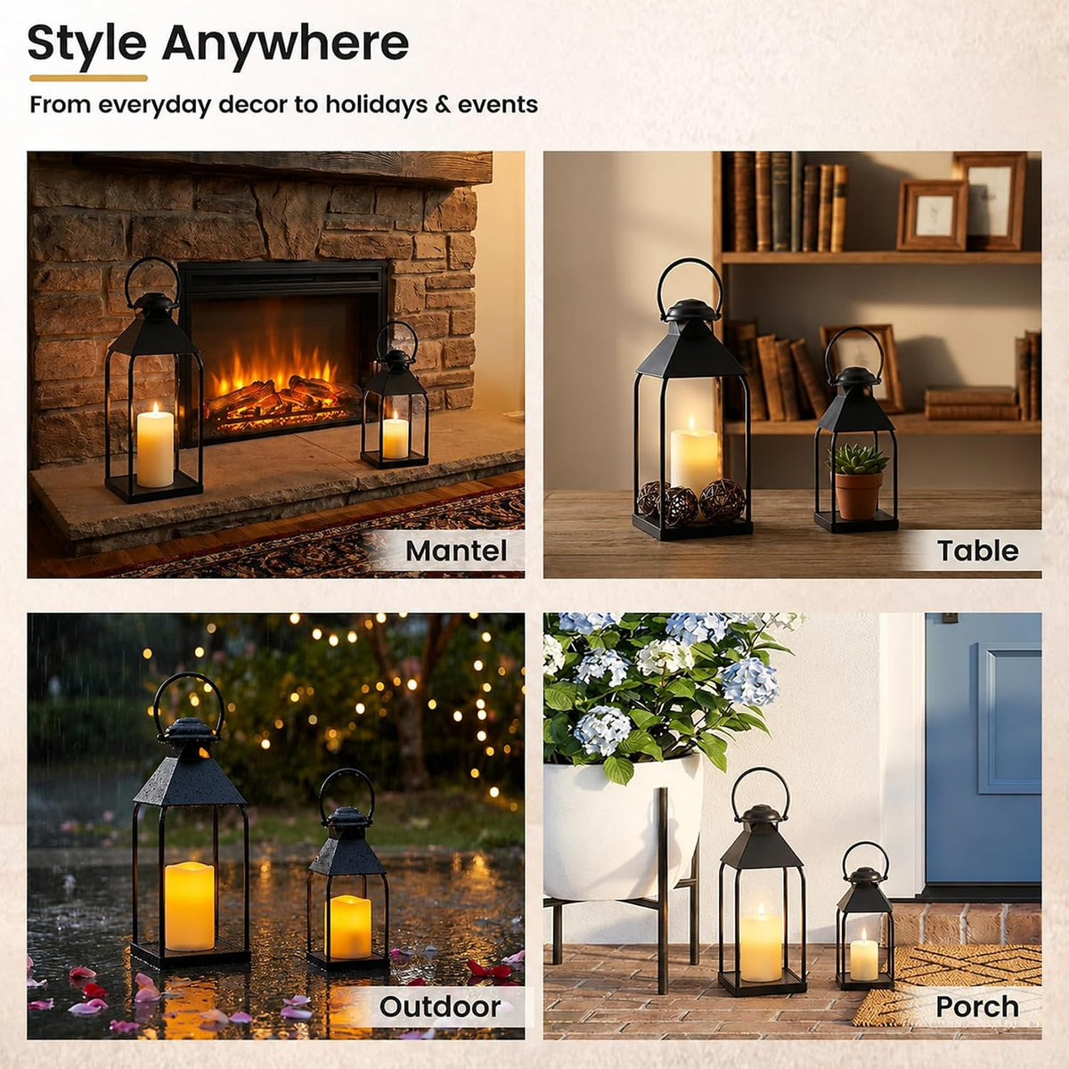 Decorative Metal Lanterns Indoor Outdoor, Set of 2 Outdoor Candle Holder | Candle Holder for Porch, Patio, Fireplace