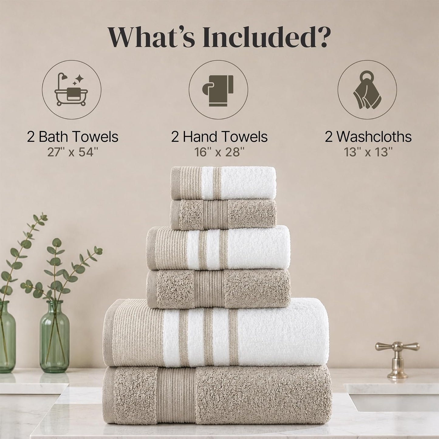 Modern Threads 6 Piece Bath Towel Set – Bathroom Towel Set with 2 Bath Towels, 2 Hand Towels & 2 Washcloths – 100%