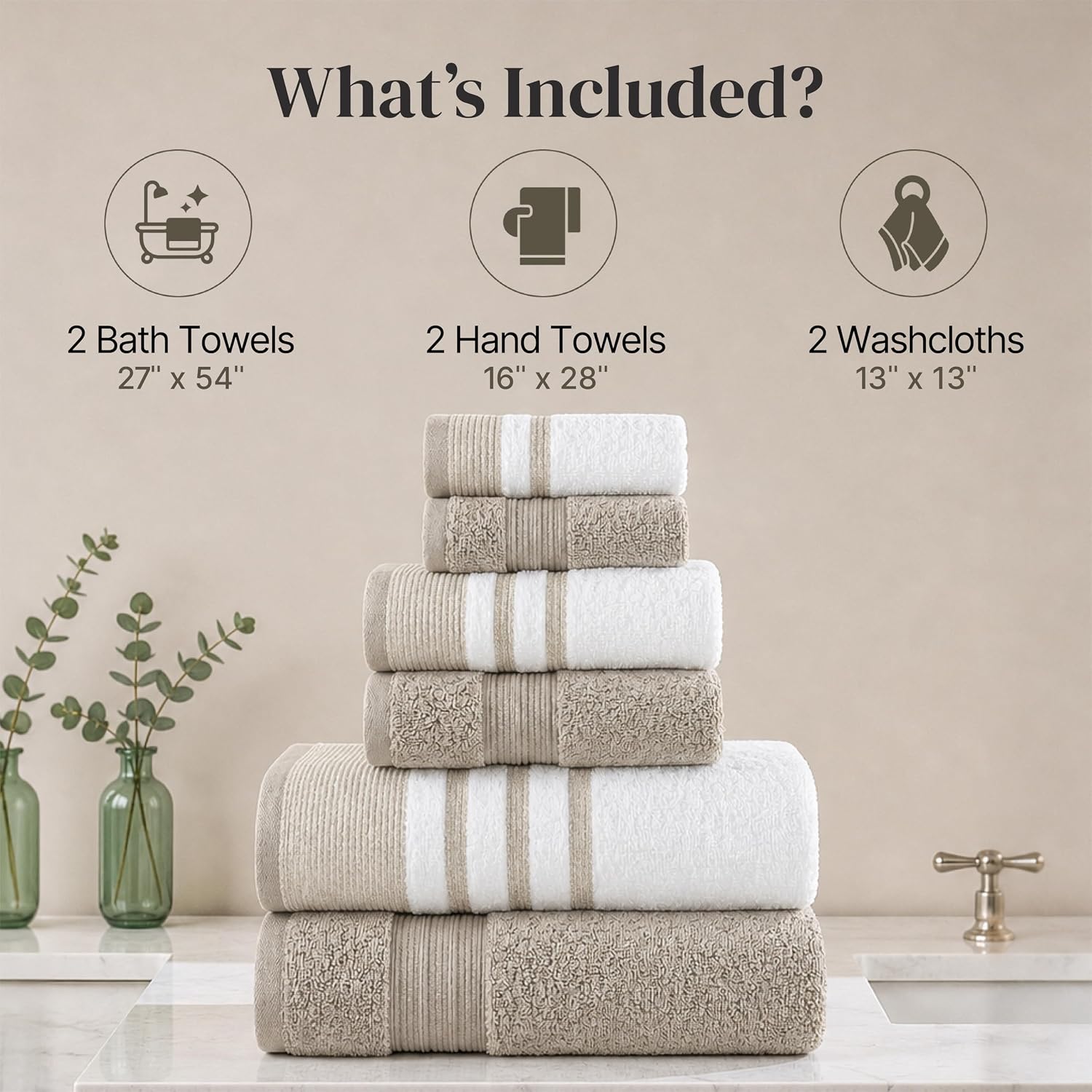 Modern Threads 6 Piece Bath Towel Set – Bathroom Towel Set with 2 Bath Towels, 2 Hand Towels & 2 Washcloths – 100%