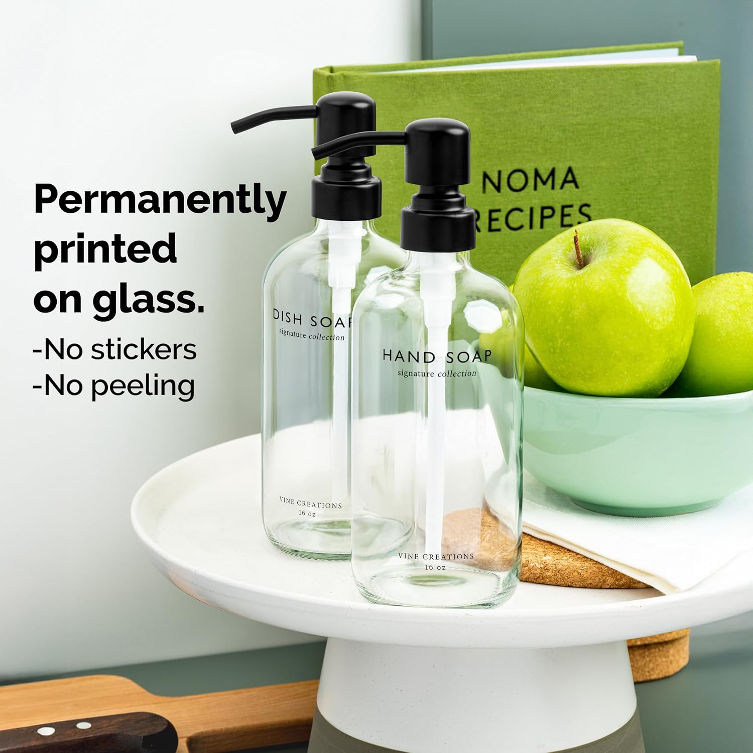 Vine Creations Clear Glass Soap Dispenser Set, Dish Soap and Hand Soap Dispenser Set with Stainless Steel Pump, 16 oz