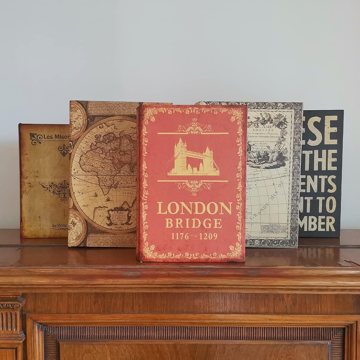 Decorative Book Box Antique Wooden Realistic Faux Wood Storage Set / London Bridge / Set of 2