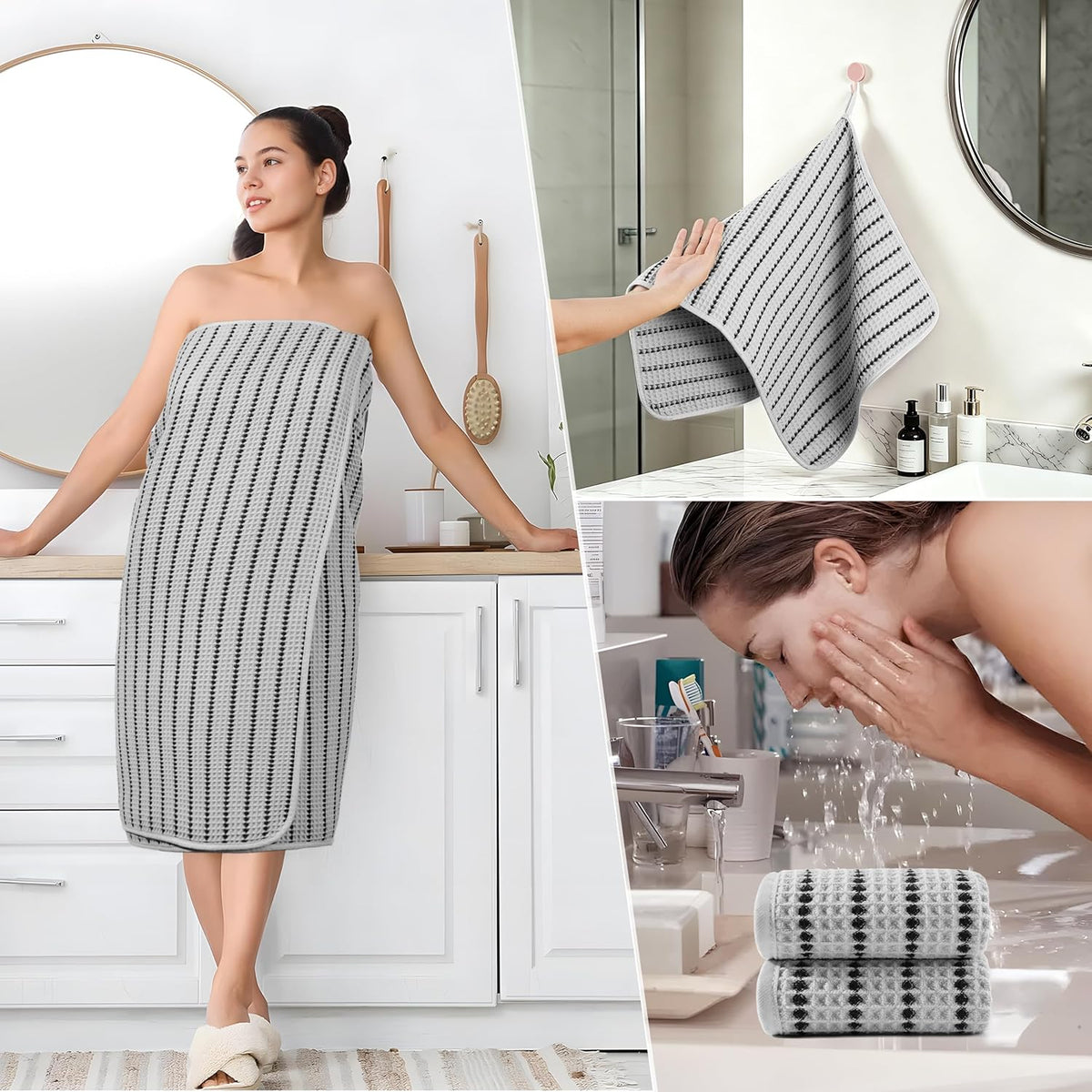 POLYTE 430 GSM Poly Blend Microfiber Quick Dry Waffle Bath Towel Set of 6 | 2-Body Towels, 2-Hand Towels, 2-Wash