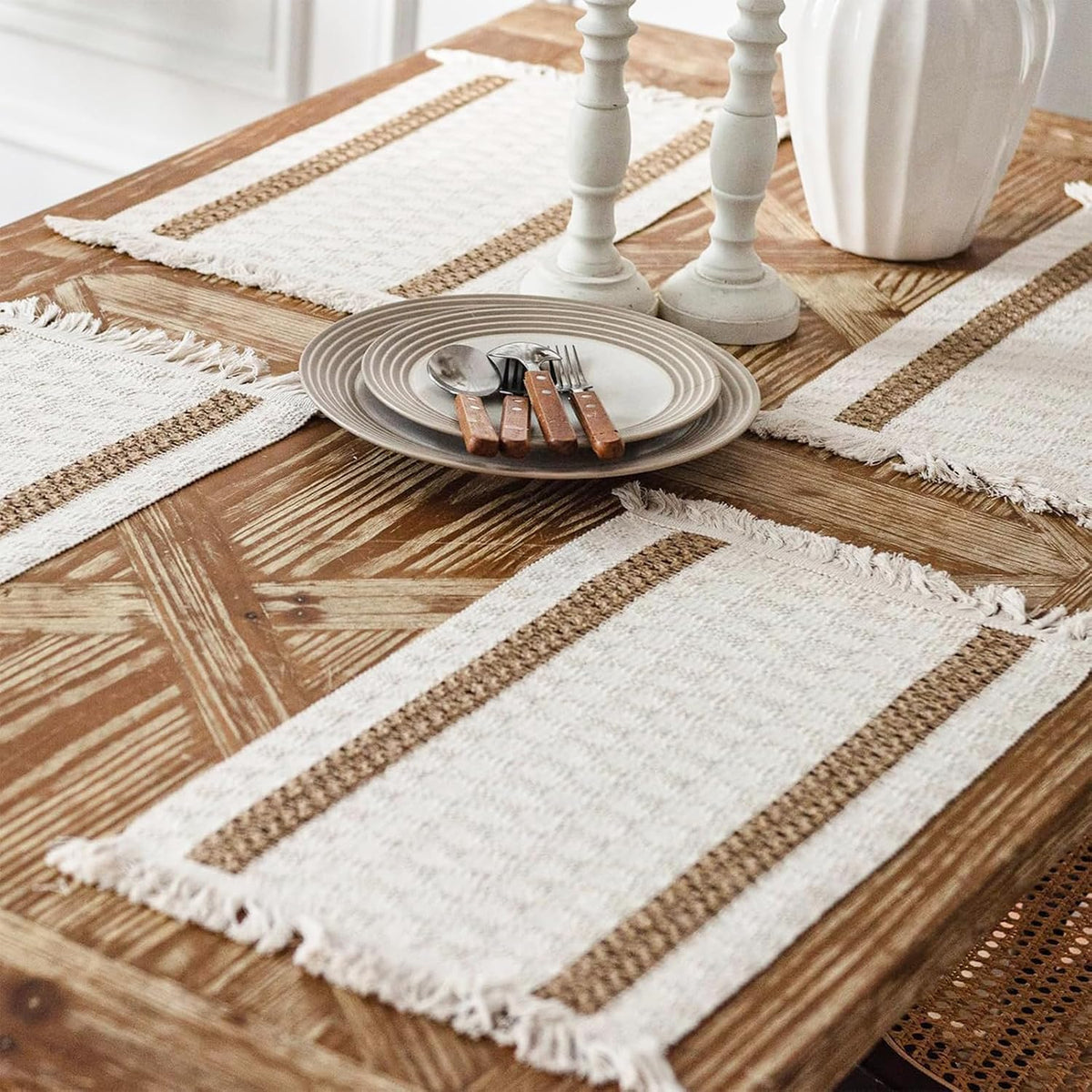 Boho Placemats Set of 8, 12x18 Inch Natural Cotton Burlap and Kitchen Woven Placemats with Tassels for Dining Table