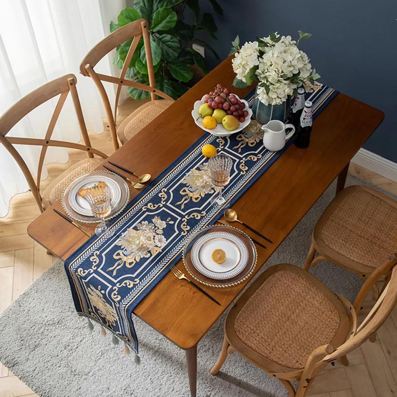 Embroidery Luxury Table Runner, Long Blue Dining Table Runner, Elegant Jacquard Dresser Scarf with Multi-Tassels for