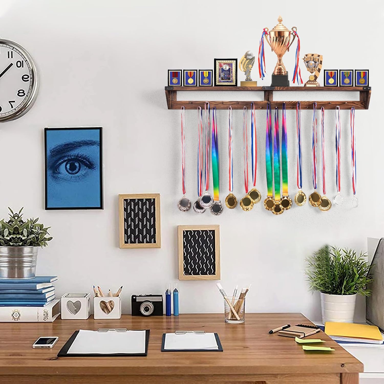 LAVIEVERT Gymnastic Medal Hanger with Storage Shelf, Wooden Wall-Mounted Trophy Shelf, Race Medal Display Rack Holder