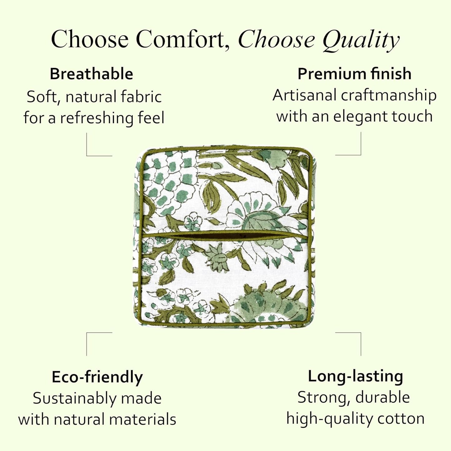 CPC Hand Block Printed Cotton Tissue Box Cover " Square Soft Reusable / Agate Green / 5 x 5 x 5.5