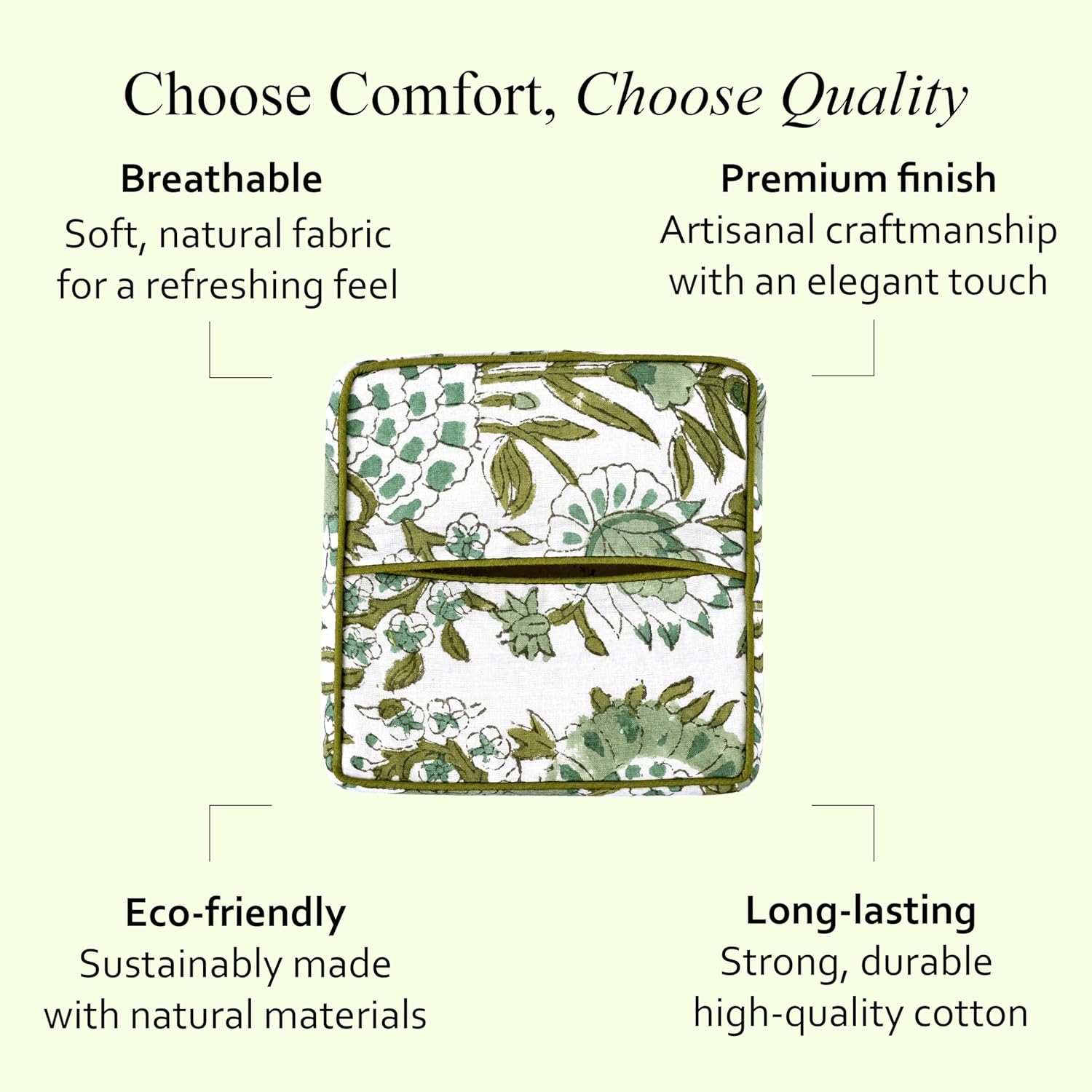 CPC Hand Block Printed Cotton Tissue Box Cover " Square Soft Reusable / Agate Green / 5 x 5 x 5.5