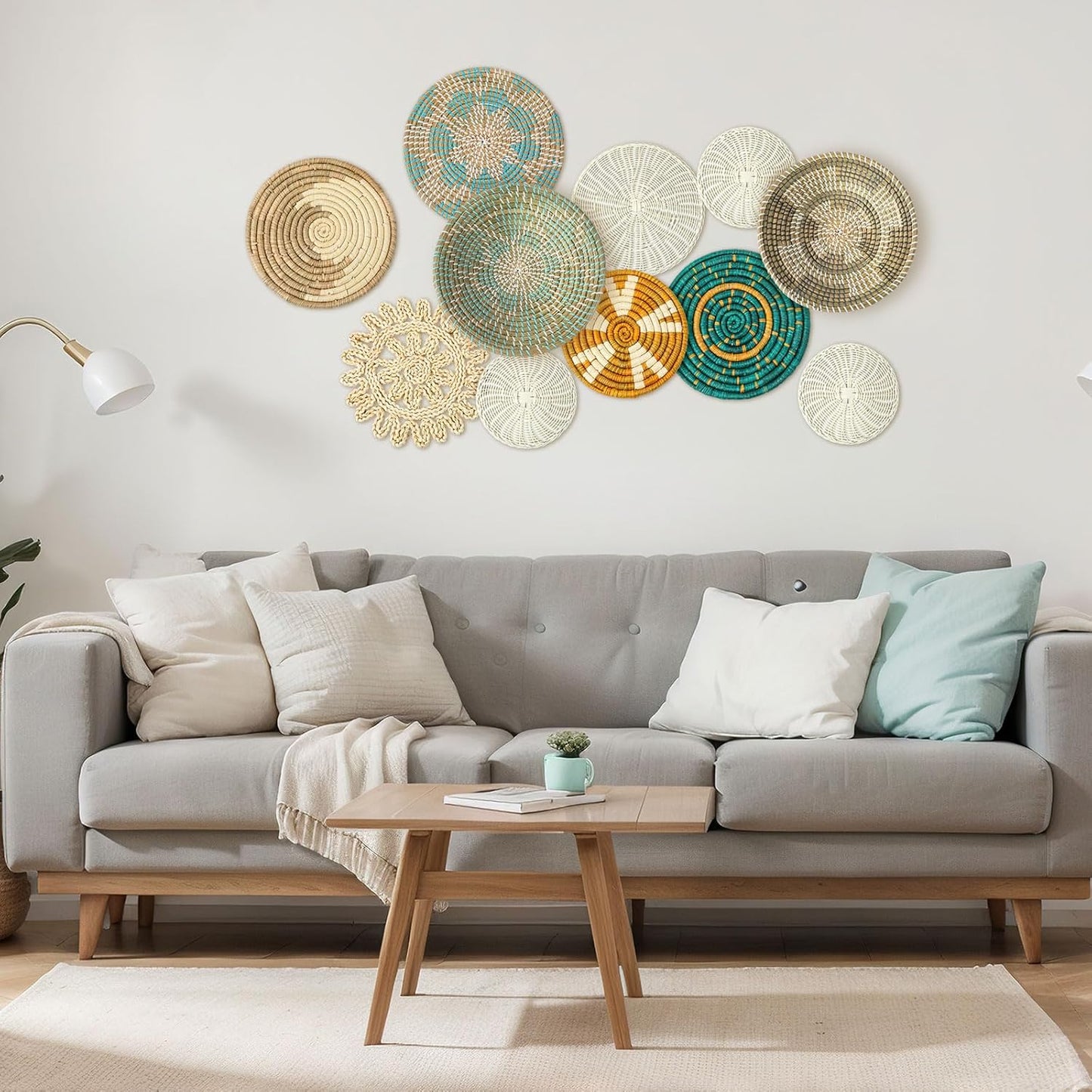 Boho Wall Basket Decor Bulrush Woven Wall Hanging Art Round Farmhouse Rustic / Bright / Set of 11