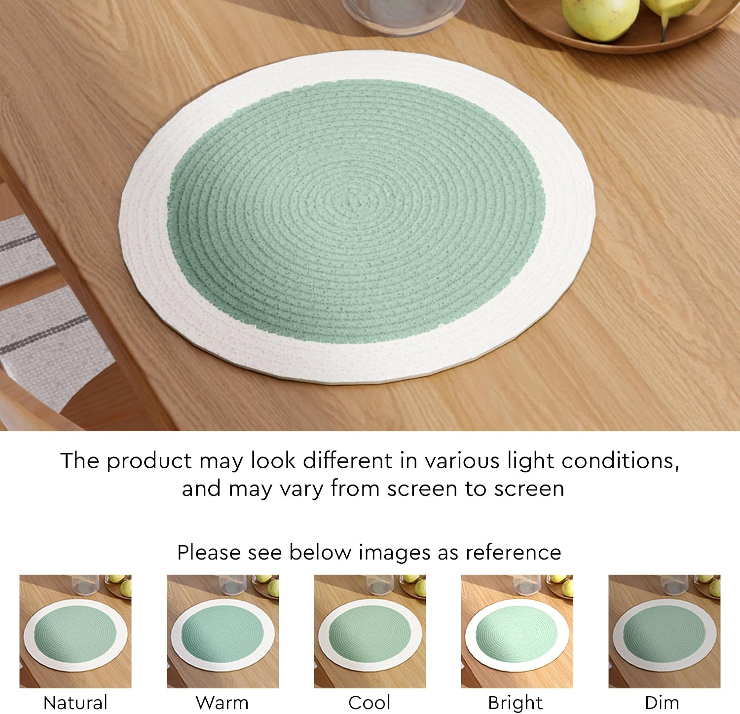 Encasa XO Placemats, Round Cotton Dining Table Mats 13" | Sage & Off White, Handcrafted Ribbed Texture | Heat Resistant