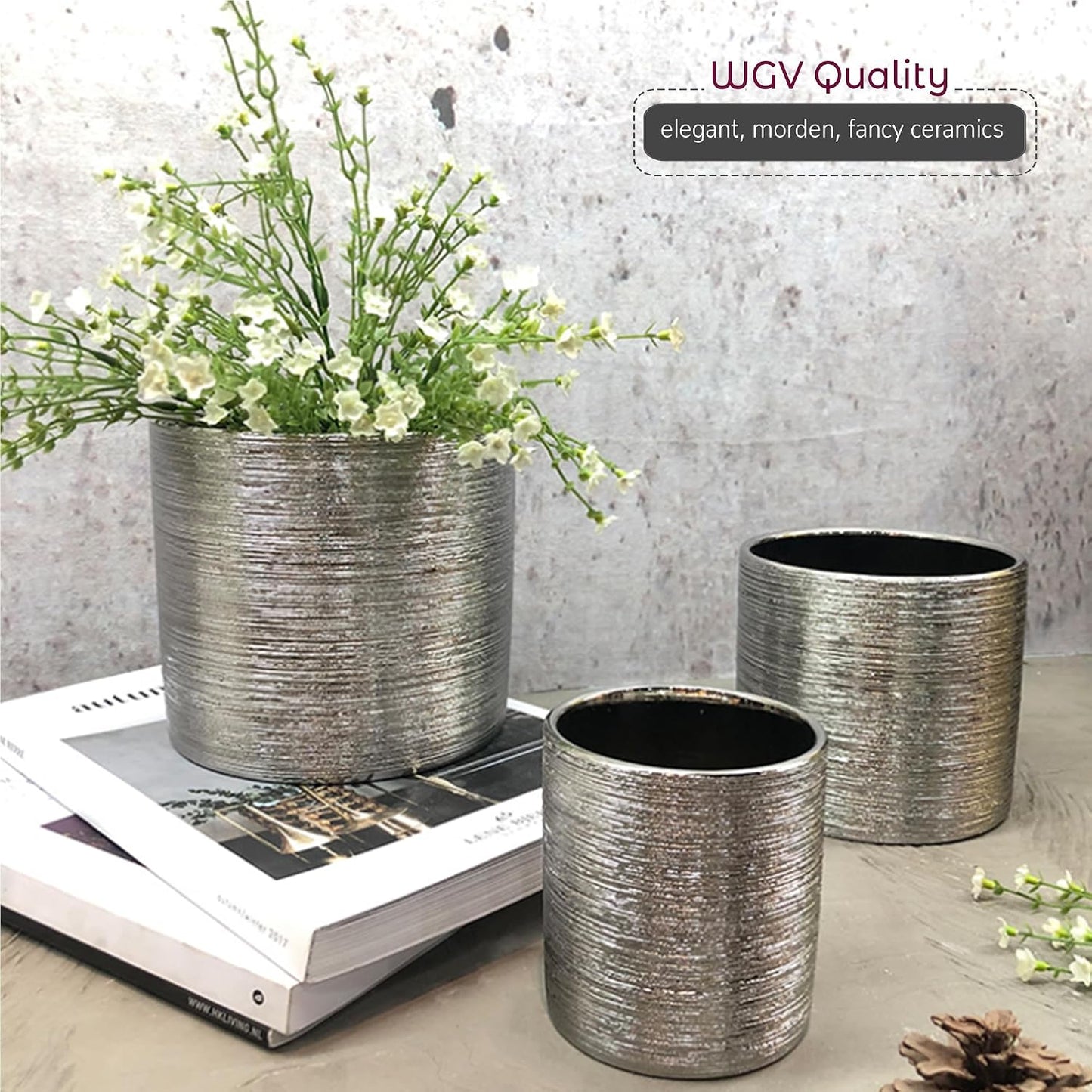 Etched Ceramic Cylinder Vase Width 6.5" Height 6 / 6.5 x 6 / H / Silver_etched / Silver