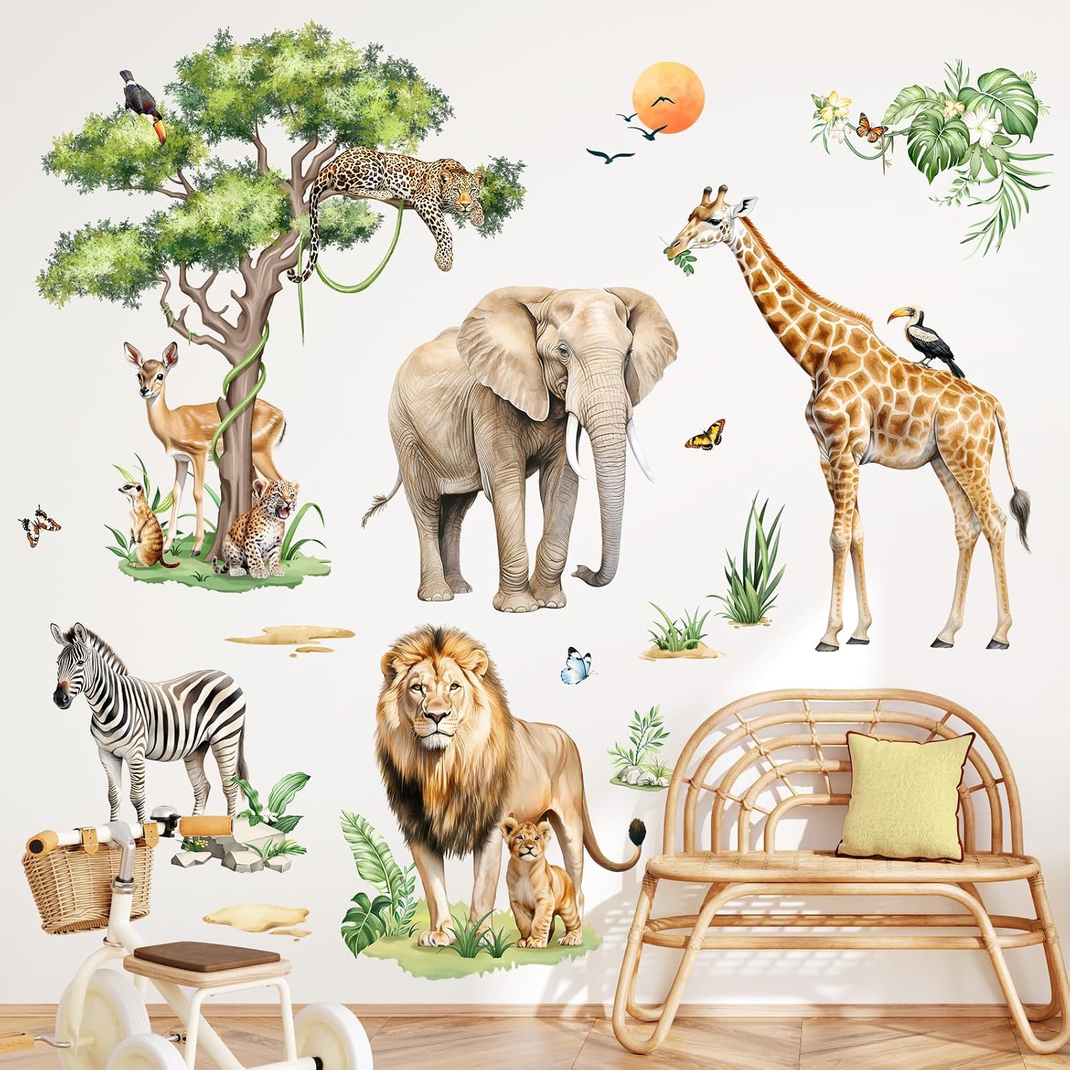 Large Safari Animals Tree Wall Stickers Jungle Animal Giraffe Elephant Lion Leopard Wall Decals Baby