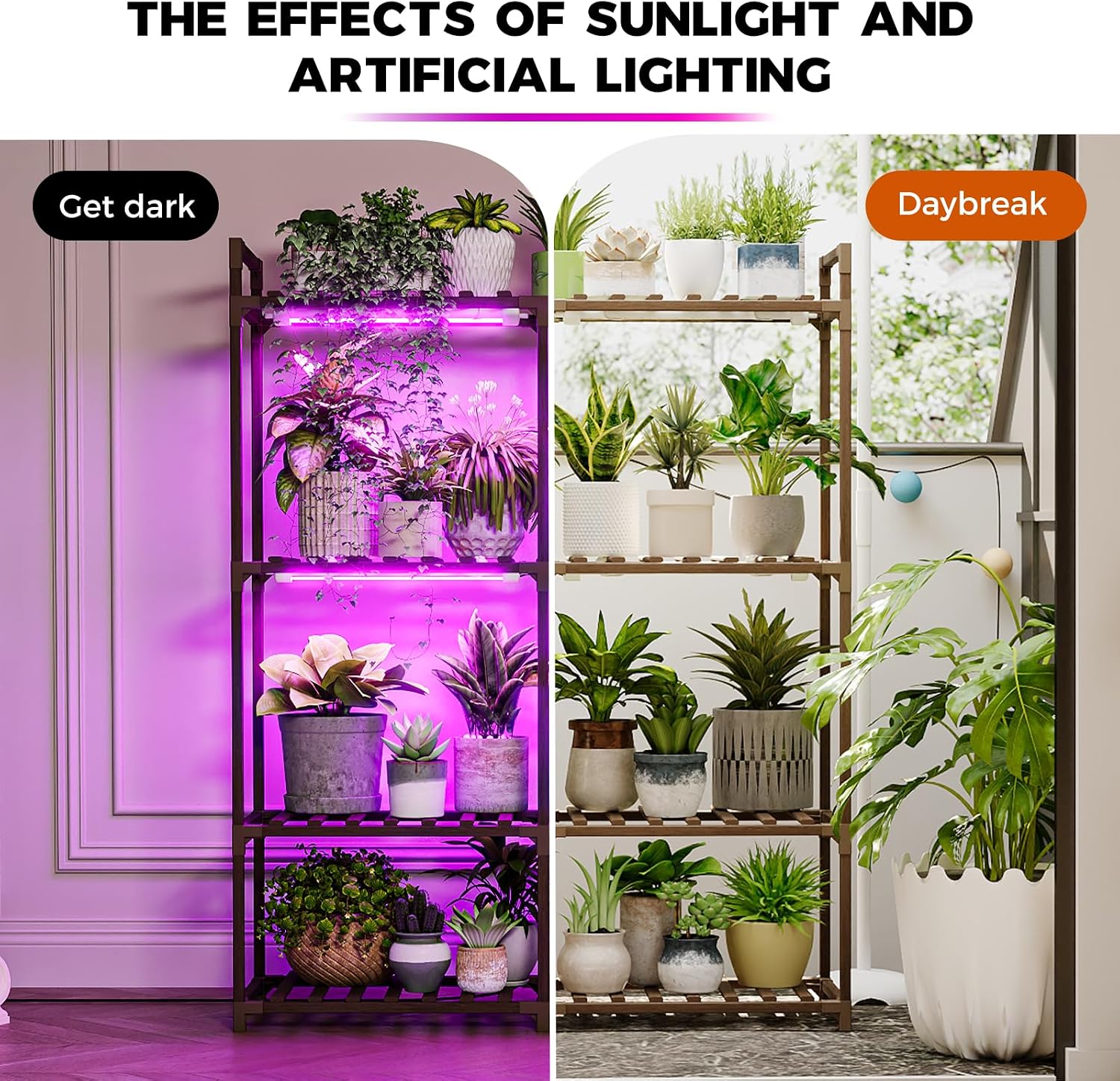 Bamworld Plant Stand with Grow Lights for Indoor Plants Wood Plant Shelf 4 Tier Large Flower Stand for Mutiple Plant