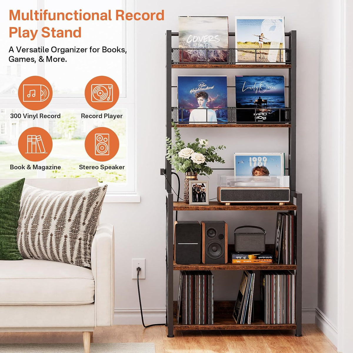 Record Player Stand with Power Outlet - Turntable Display Shelf | 5-tier Vinyl Record Storage Rack Holds 300 LPs, Media