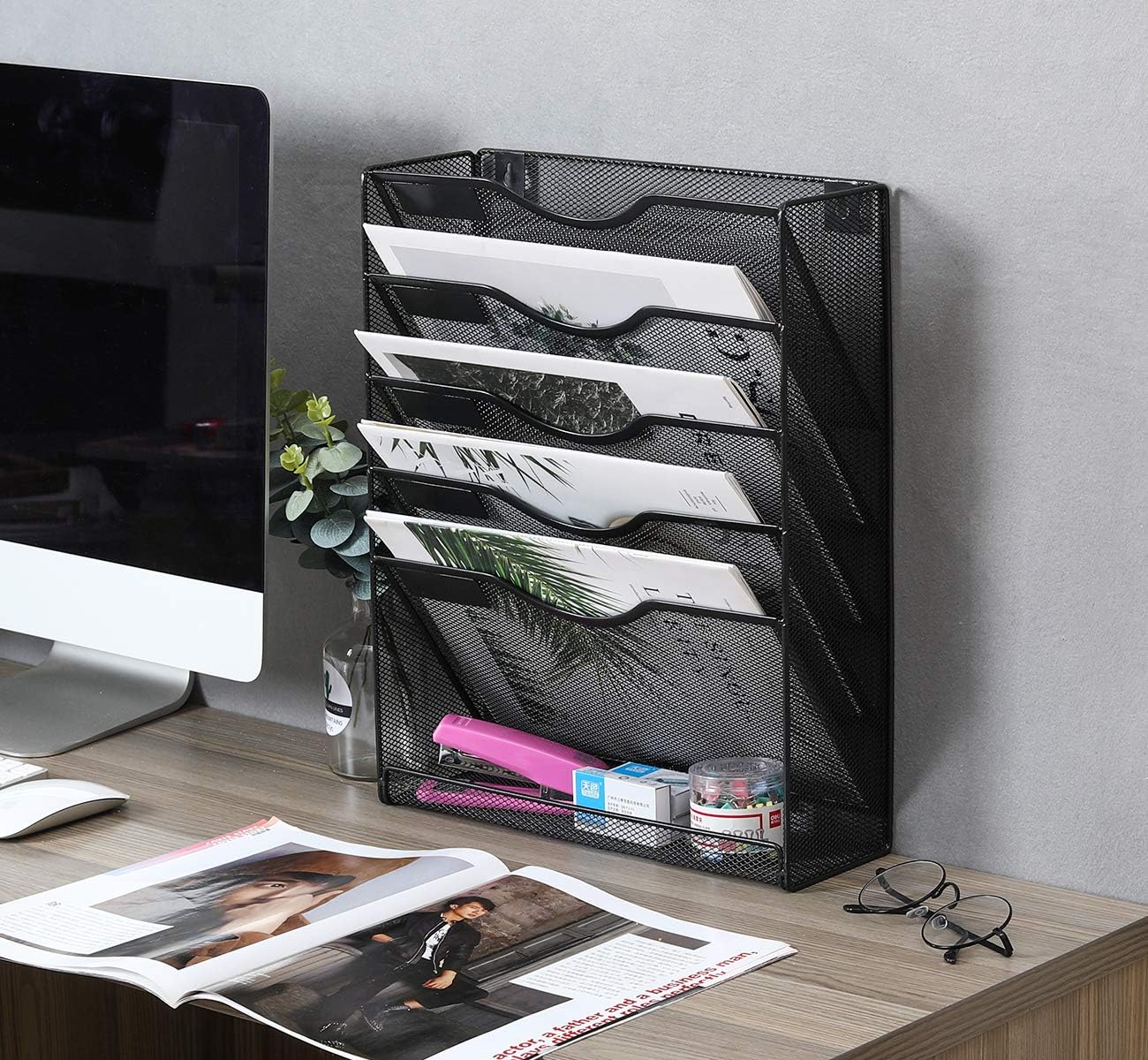 EasyPAG 5 Tier Wall File Holder Mesh Hanging Folder Organizer with Classify Label, Versatile Desk File Holder, Vertical