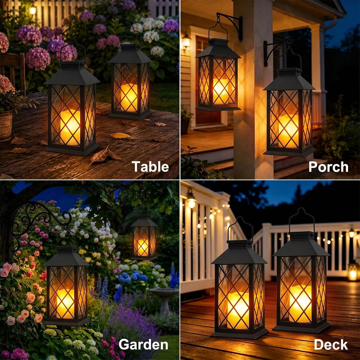 Black Outdoor Solar Lanterns, 14'' Large Solar Lanterns Outdoor Waterproof | 2 Pack Tempered Glass Outdoor Lanterns