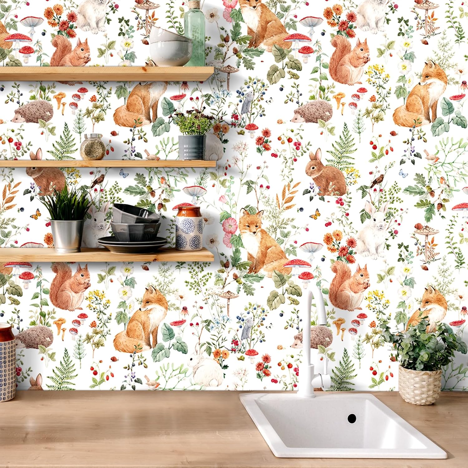 Woodland Wallpaper Stick and Peel Fairytale Forest Animal Wallpaper / 17.5 x 10 / Ft / White