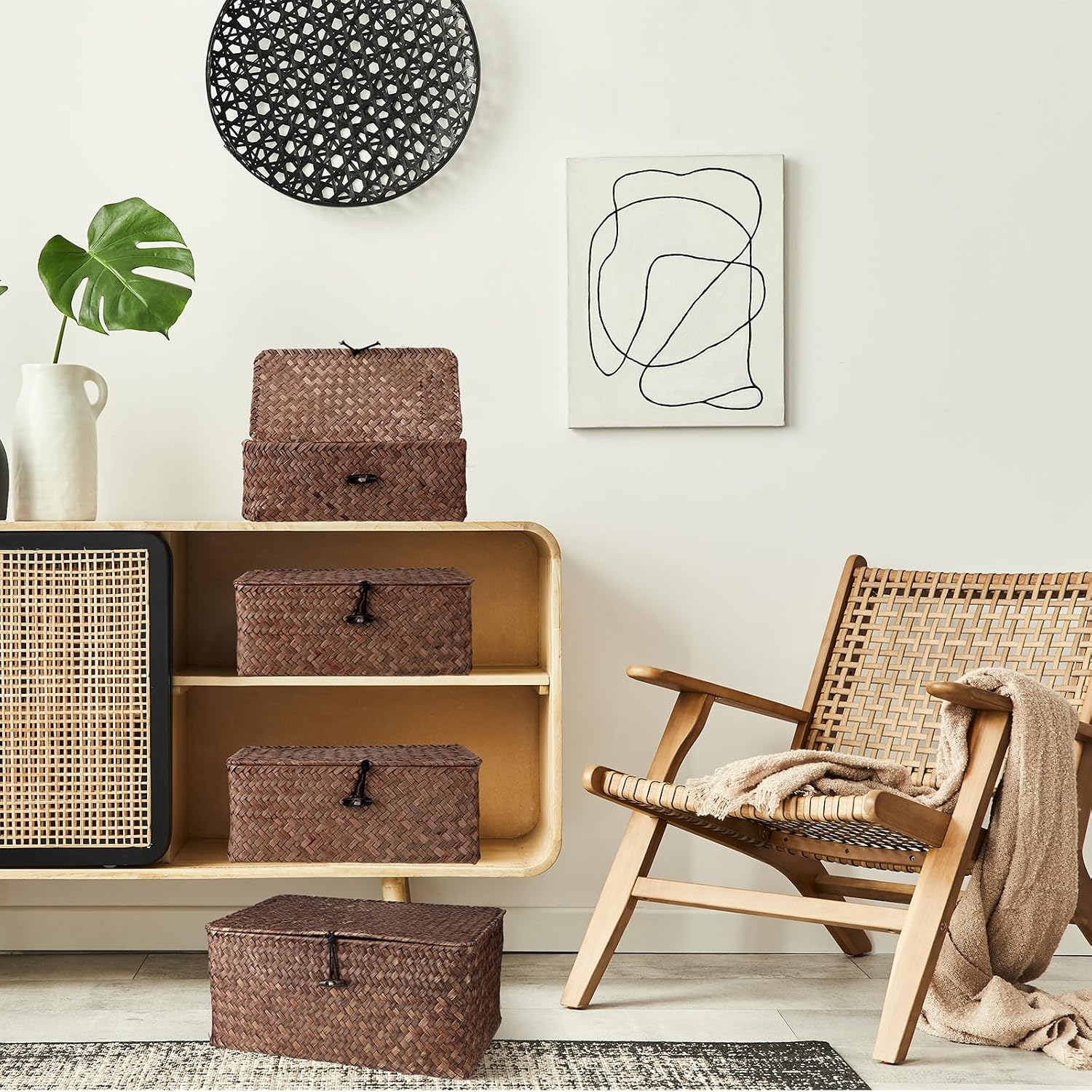 Wicker Baskets / Woven Rectangular Basket Bins / Coffee / Set of 4