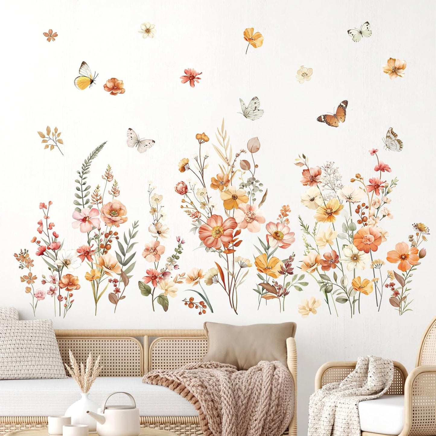 Boho Flower Wall Decals Garden Floral Butterflies Wall Stickers Girls Bedroom Living / Wildflower