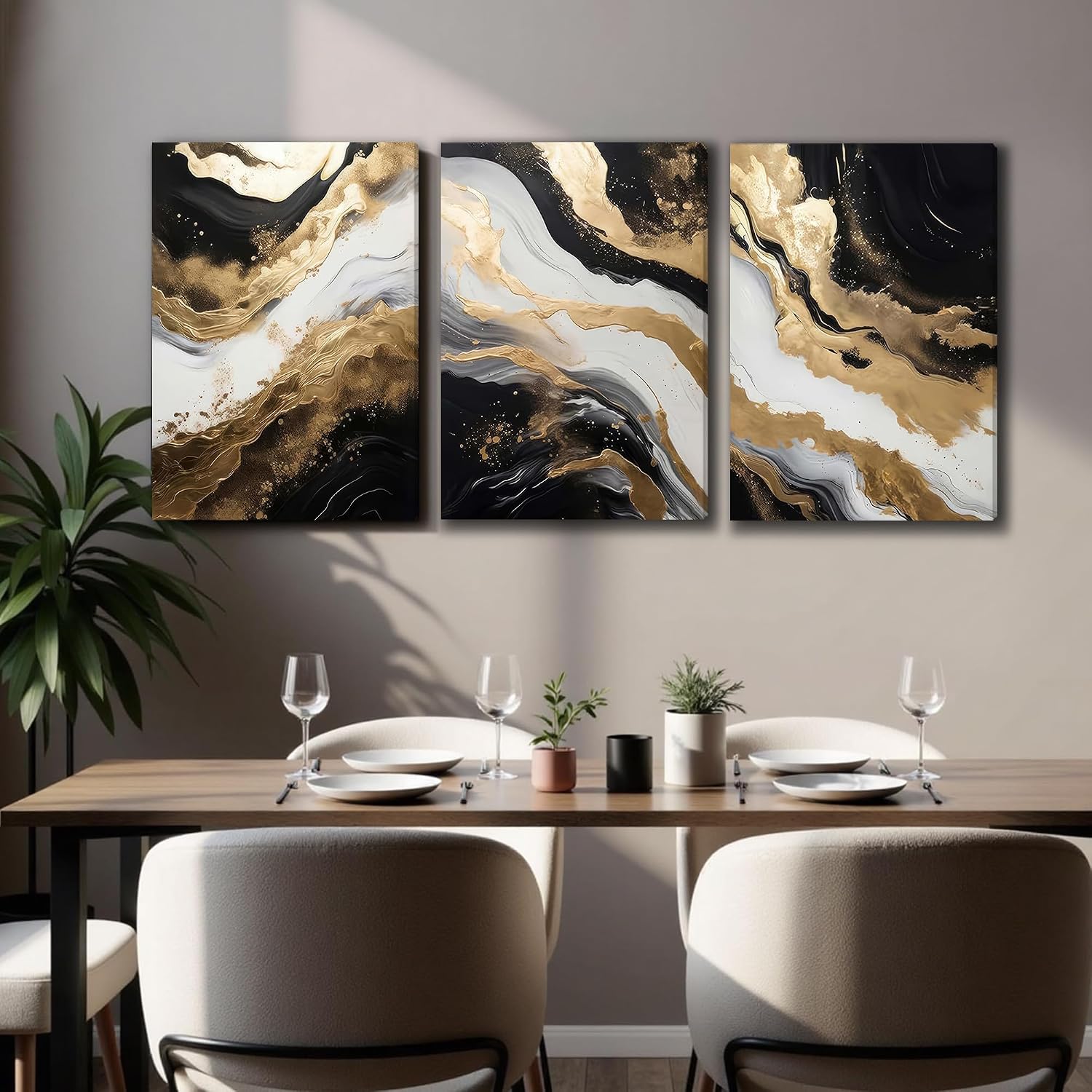 3 Piece Framed Black and White Abstract Wall Art / 24"L x 16"W / Black and Gold
