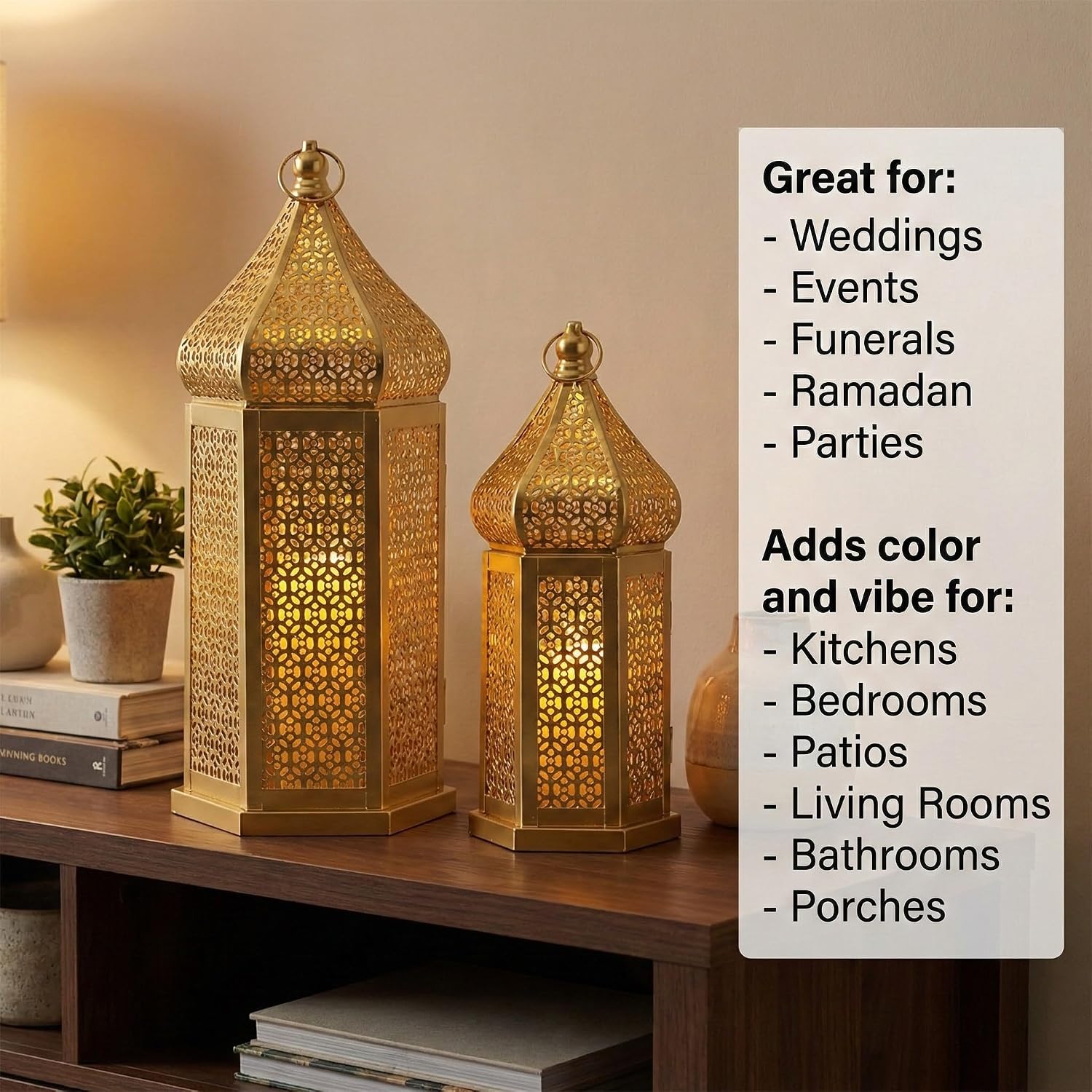 Vela Lanterns Decorative Indoor Gold Moroccan Temple Lanterns, Set of 2 | Ramadan Decorations for Home, Eid Islamic