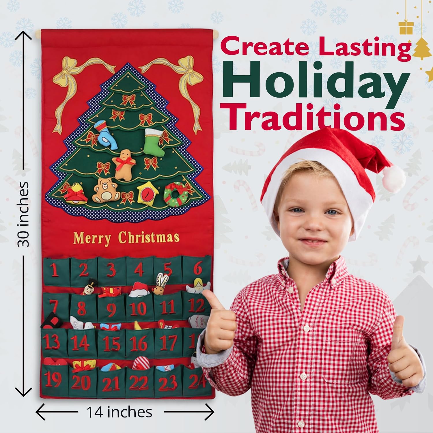 Merry Christmas Green Tree Advent Calendar by Pockets of Learning | Festive Holiday Décor, Seasonal Fabric Wall Hanging