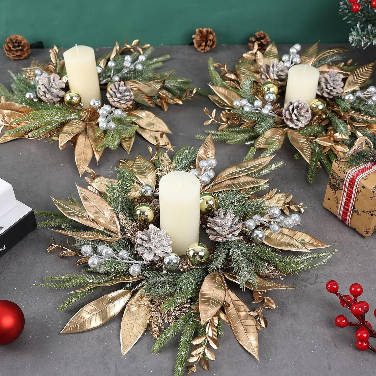 6 Pcs Christmas Candle Rings Wreaths Artificial Pine Wreaths with Christmas Balls Golden Twigs and Silver Berries
