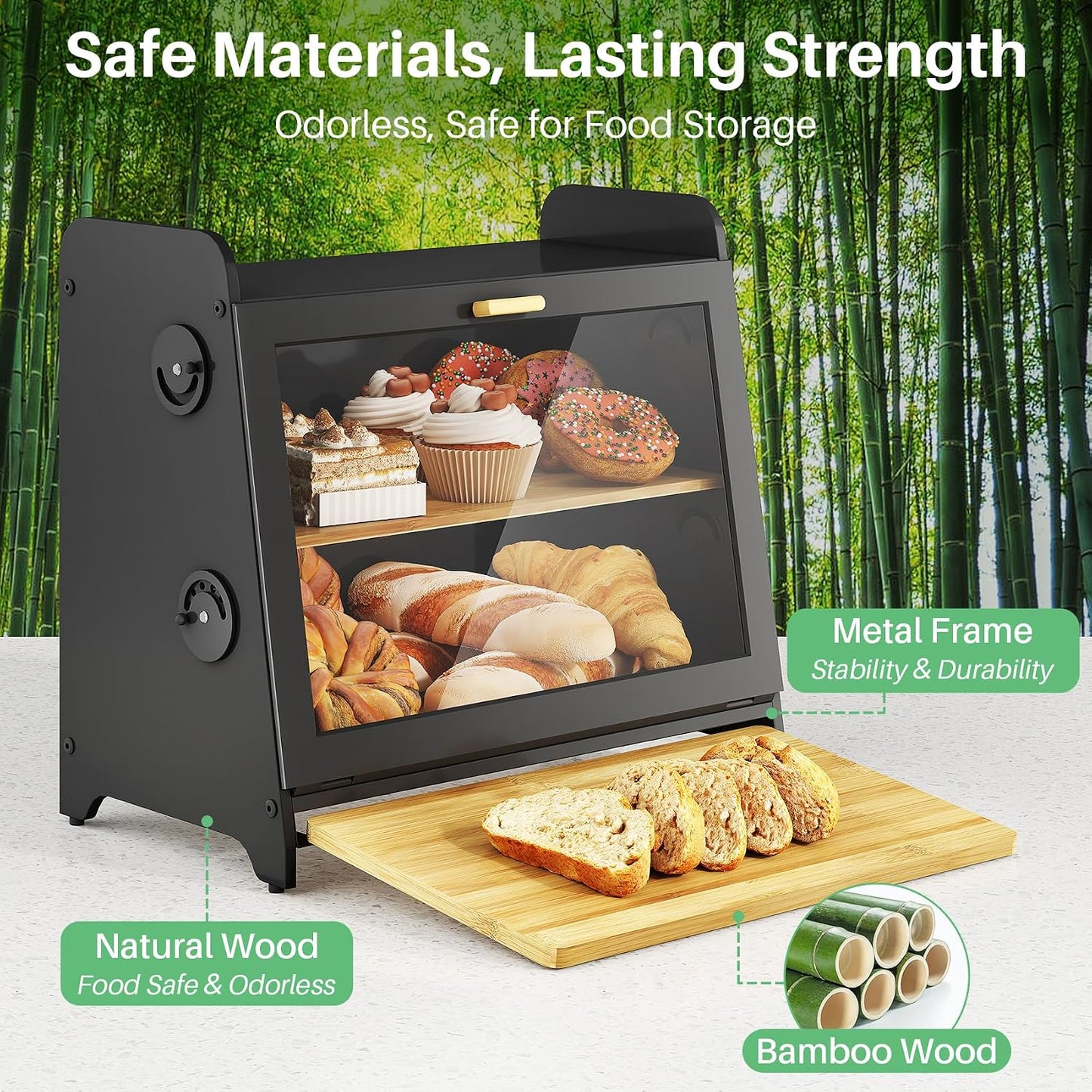 SNTD Airtight Bread Box for Kitchen Countertop, Bamboo Cutting Board, Black | Adjustable Vent Hole, Sorted Storage