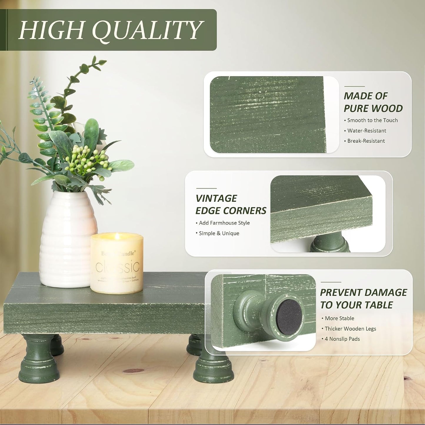 EOSAHR Square Wood Riser & Display Stand for Kitchen Counter, Green | Pine Wood, 8.5" Decorative Riser, Plant Display