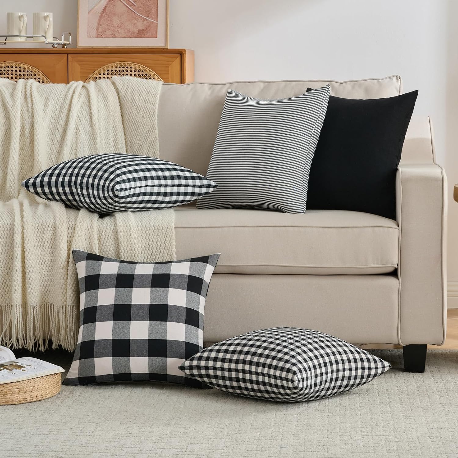 Black Plaid Throw Pillow Covers Black and White Gingham Pillow / Black Gingham / 18 x 18 / Set of 2
