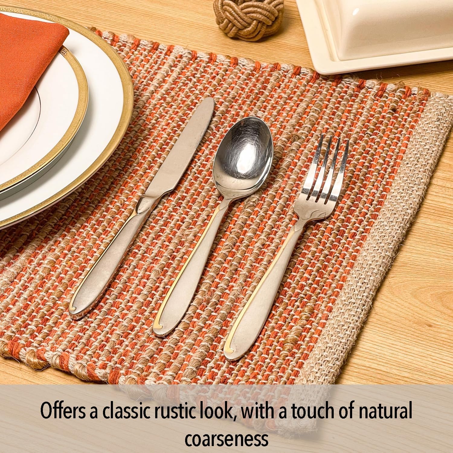 Natural Jute & Rust Orange Placemats, Set of 4 – Rustic Handmade Boho Table Mats, 13x19 Inch Dining Table Placemats for