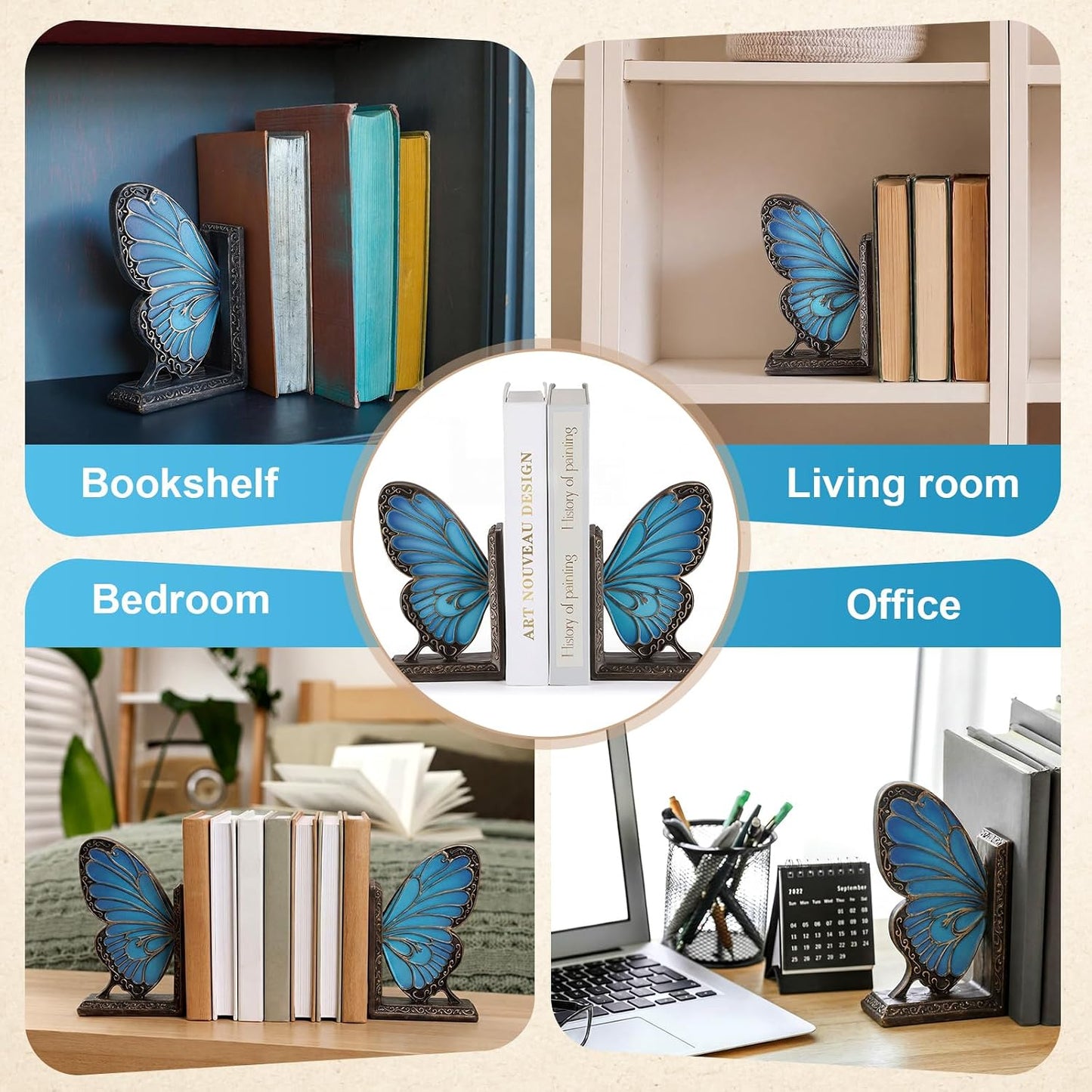Vintage Bookends Resin Book Ends / Blue Butterfly / Set of 2